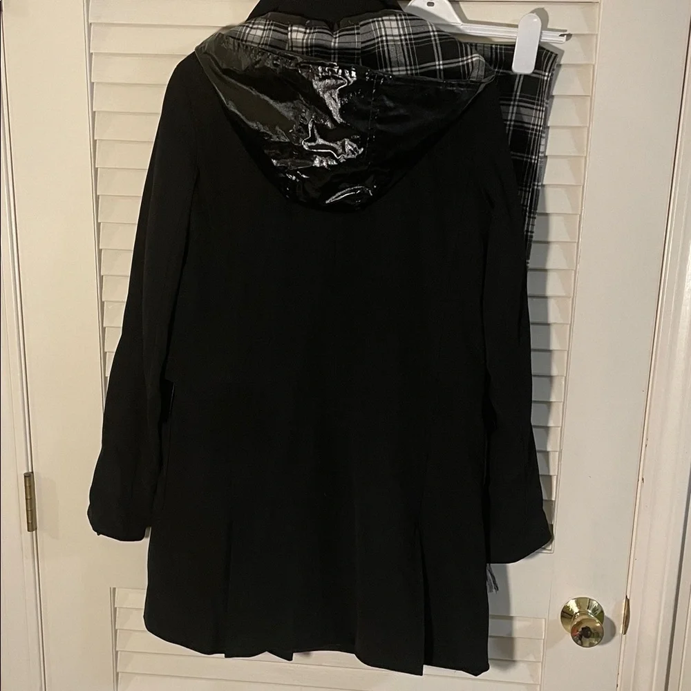 Jane Post Black Plaid Lining Hood Toggle Trench Coat and Matching Scarf